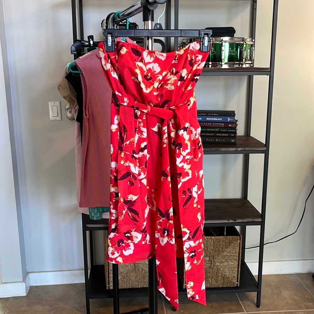 Red flowered strapless sun dress